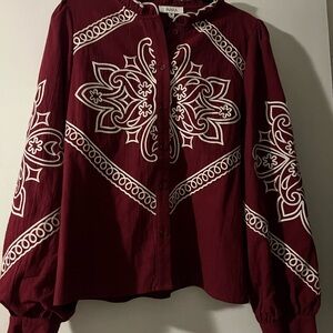 Elegant Avara Burgundy Embroidered Women's Long Sleeve Top